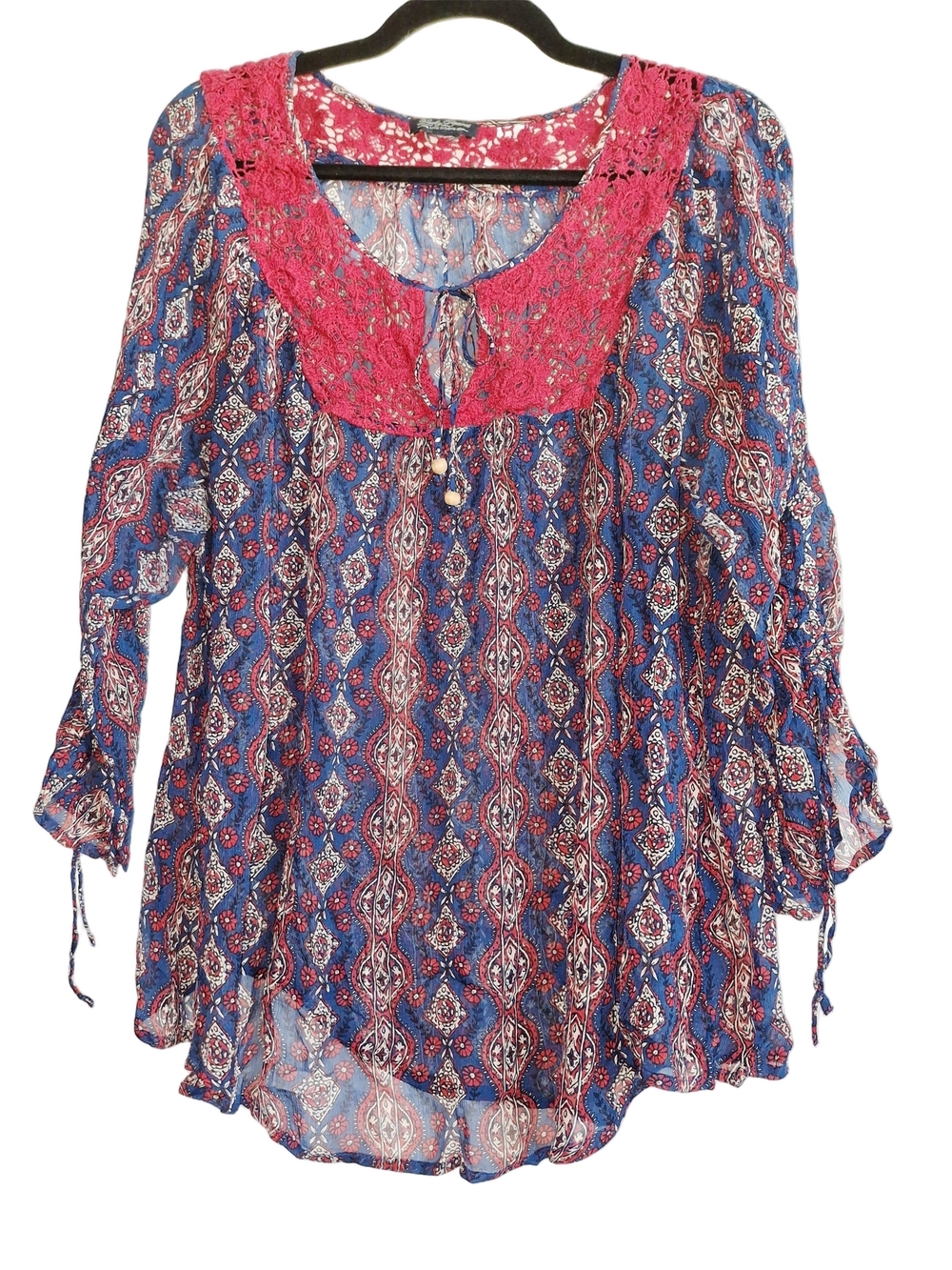 Lucky Brand Blue Printed Tunic with Pink Crochet Yoke Sheer Boho Sz 1X